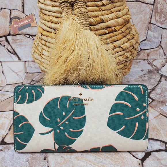#bagsavenue fast ship  Kate Spade Monstera Leaves Slim Bifold Wallet Cream multi - Picture 2 of 7